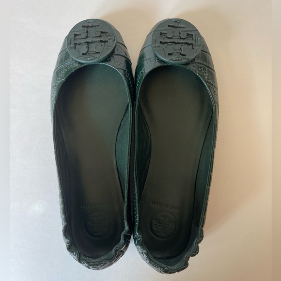 Tory Burch Green Croc-Embossed Minnie Travel Flats Size 5 - Picture 1 of 16